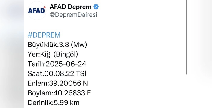 Bingöl'de 3.8 büyüklüğünde deprem
