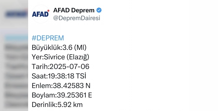 Elazığ'da 3.6 büyüklüğünde deprem