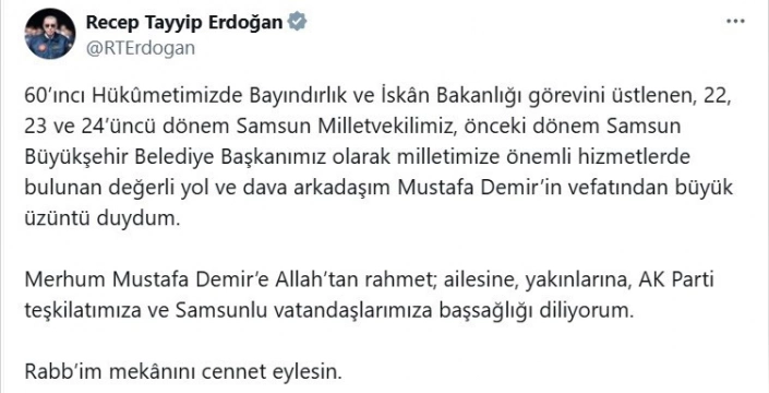 Cumhurbaşkanı Erdoğan, Mustafa Demir için taziye mesajı yayımladı