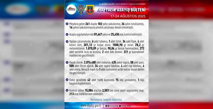 Elazığ'da asayiş operasyonu: 261 olayda 183 kişi yakalandı