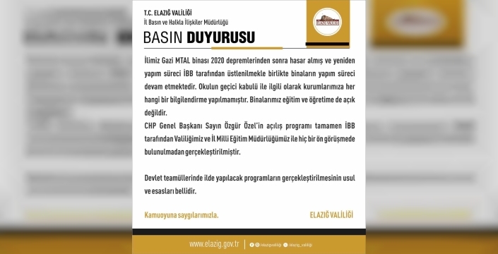 Elazığ Valiliği'nden Özgür Özel'in açılışına tepki: Okul eğitime açık değil